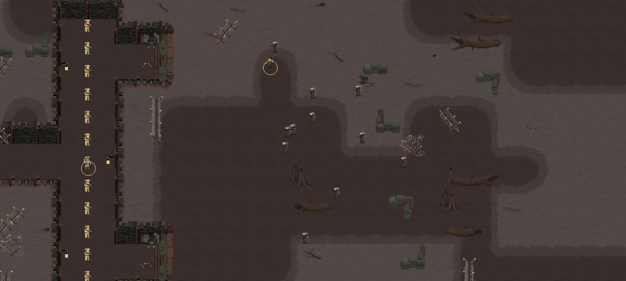 A trench battle in To The Trenches: pixel-art infantry advancing across cratered ground toward a defended trench line